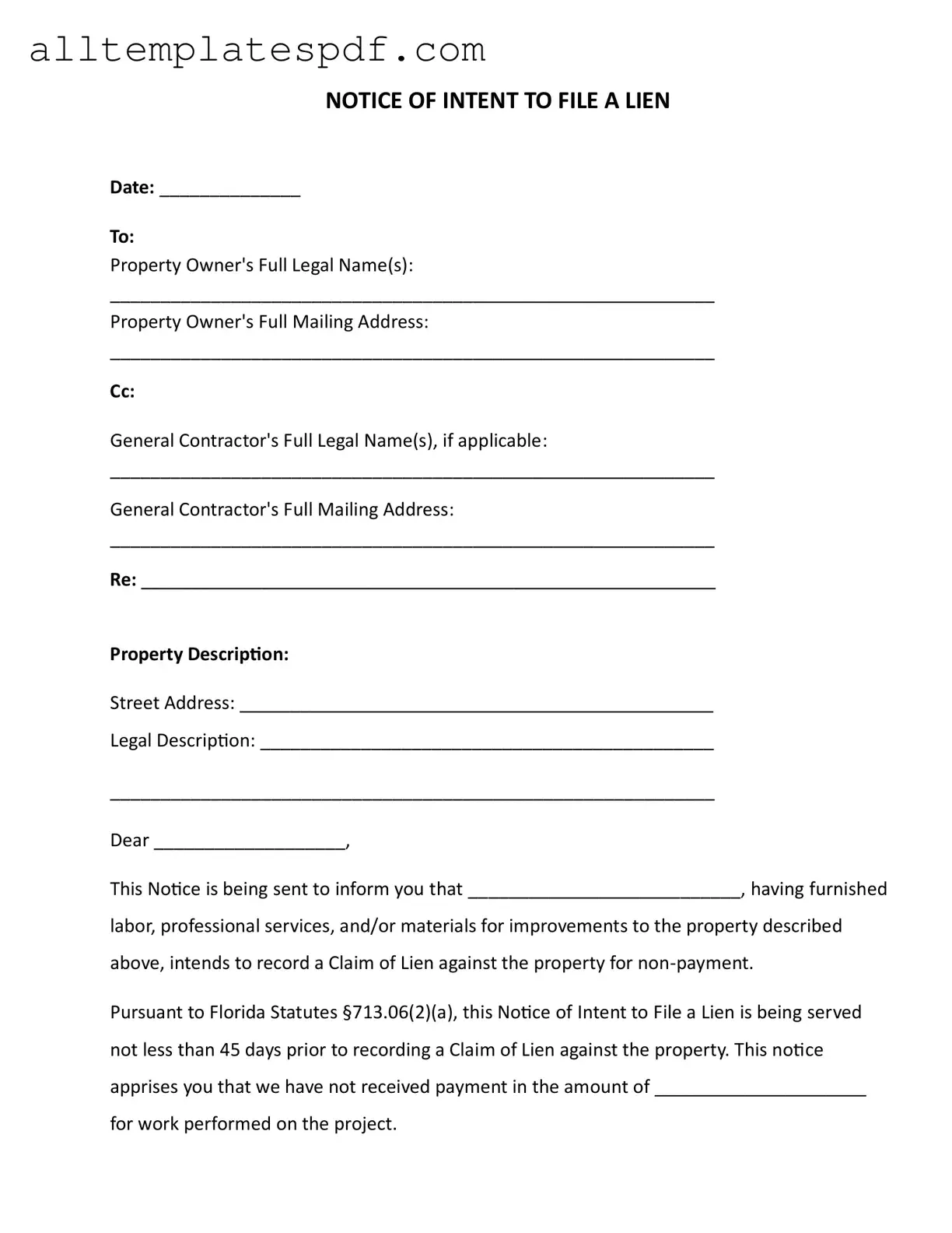 Fill Out a Valid Intent To Lien Florida Form