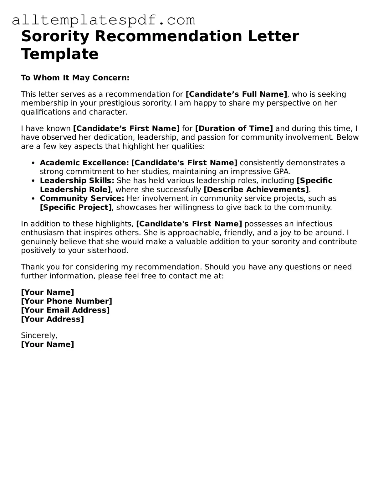 Attorney-Approved Sorority Recommendation Letter Template