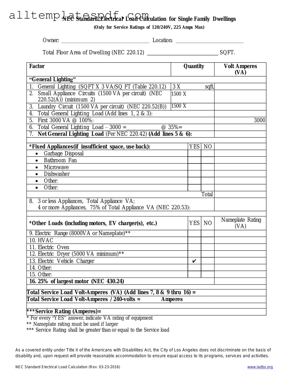 Fill Out a Valid LADBS NEC Standard Electrical Load Calculation Form