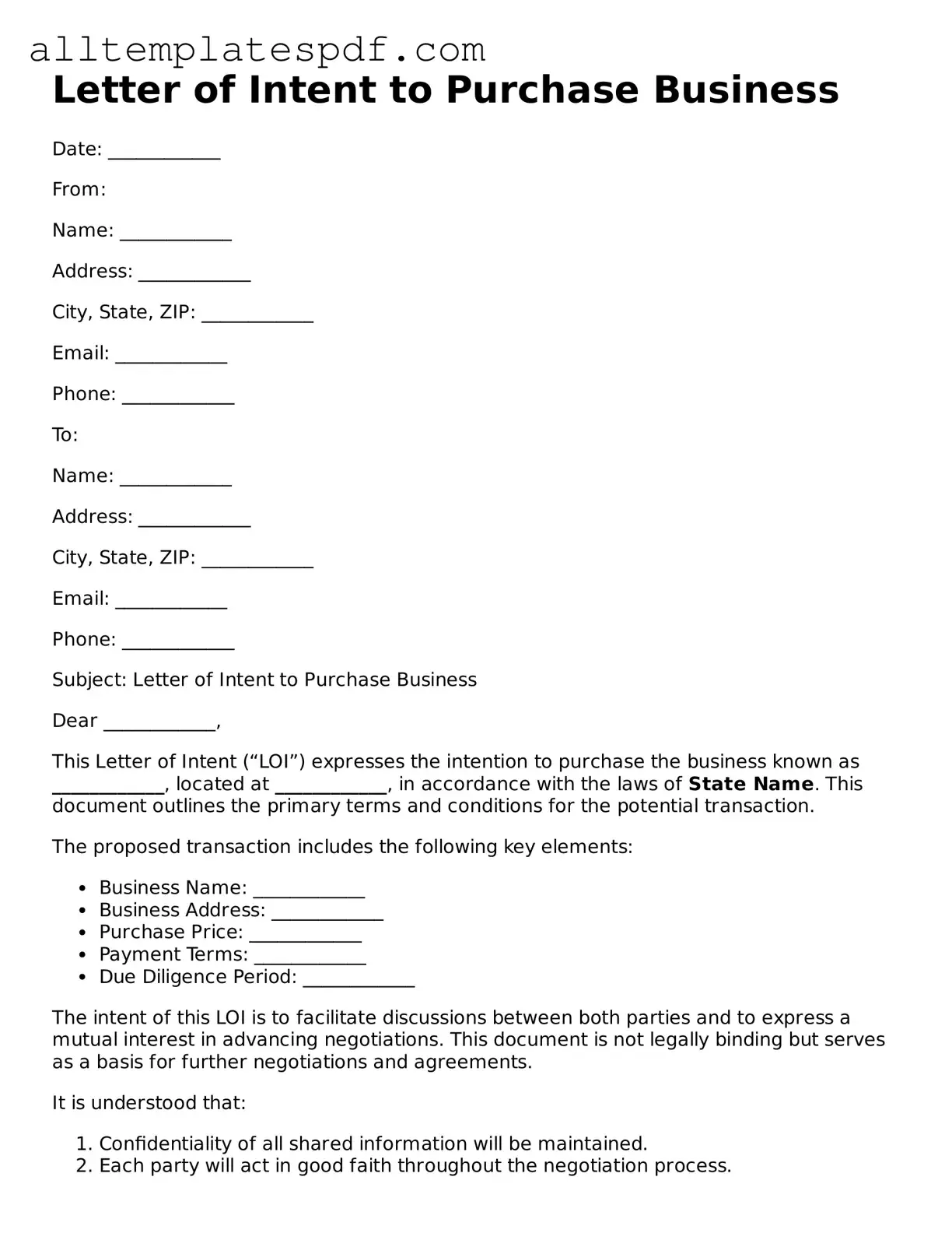 Attorney-Approved Letter of Intent to Purchase Business Template