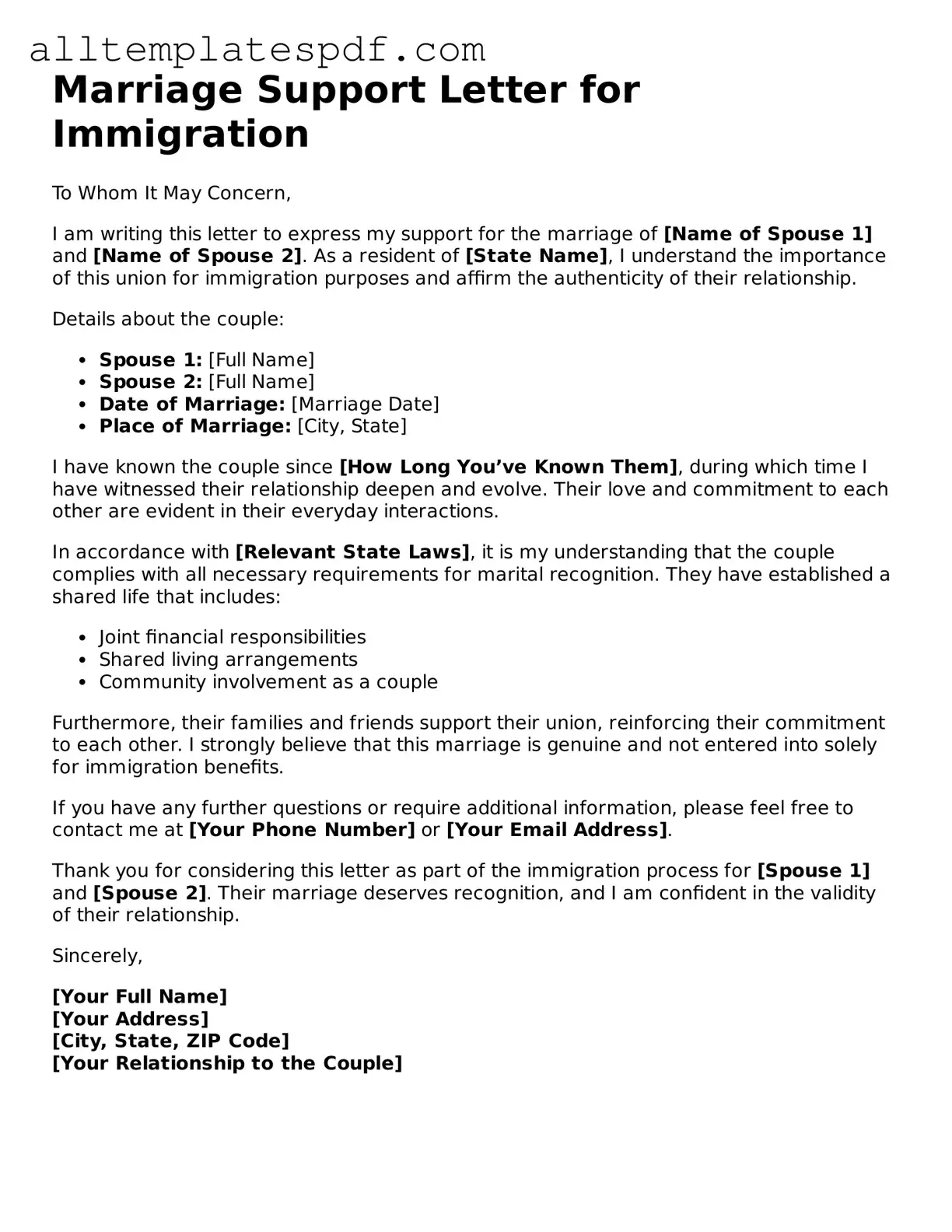 Attorney-Approved Marriage Support Letter for Immigration Template