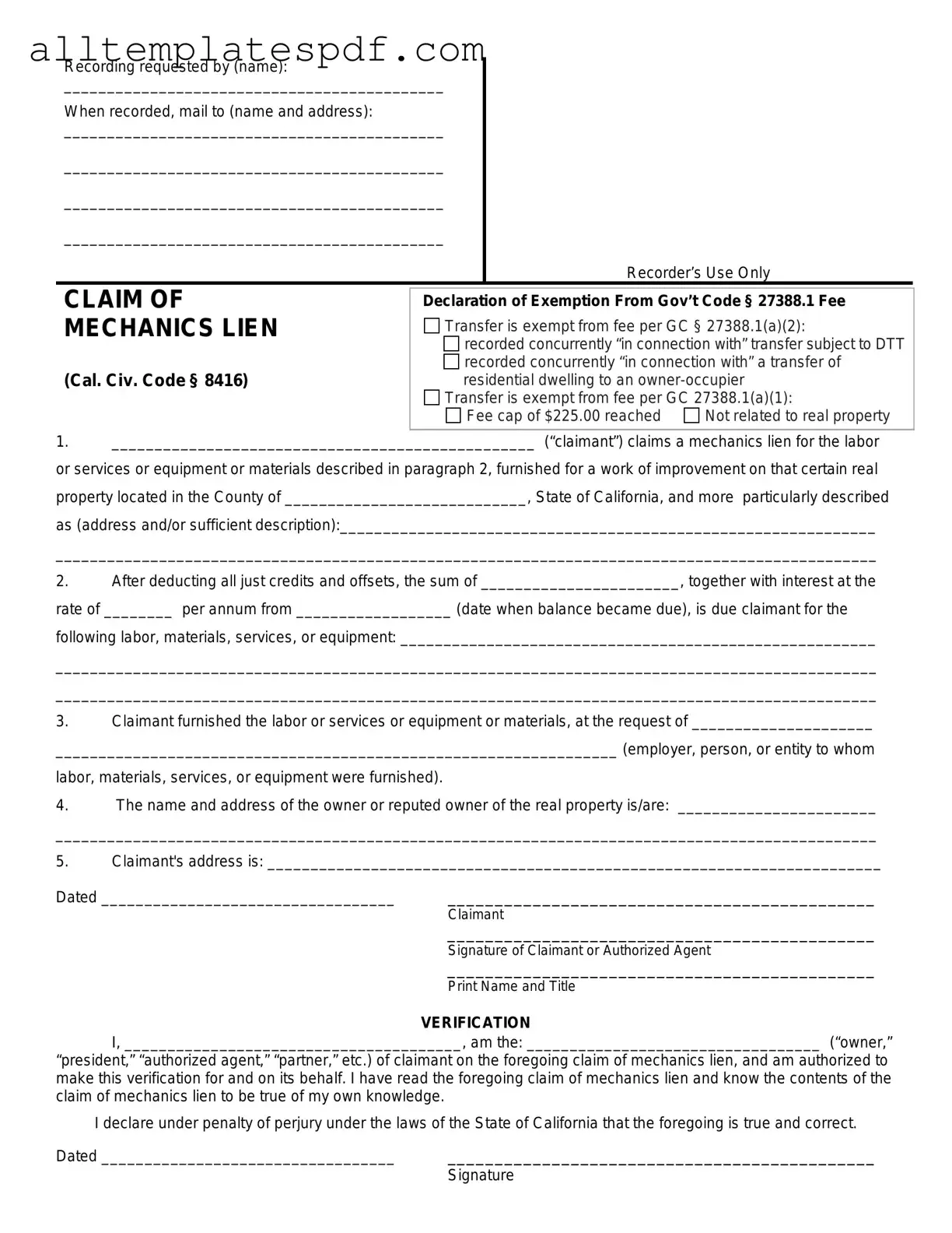 Fill Out a Valid Mechanics Lien California Form