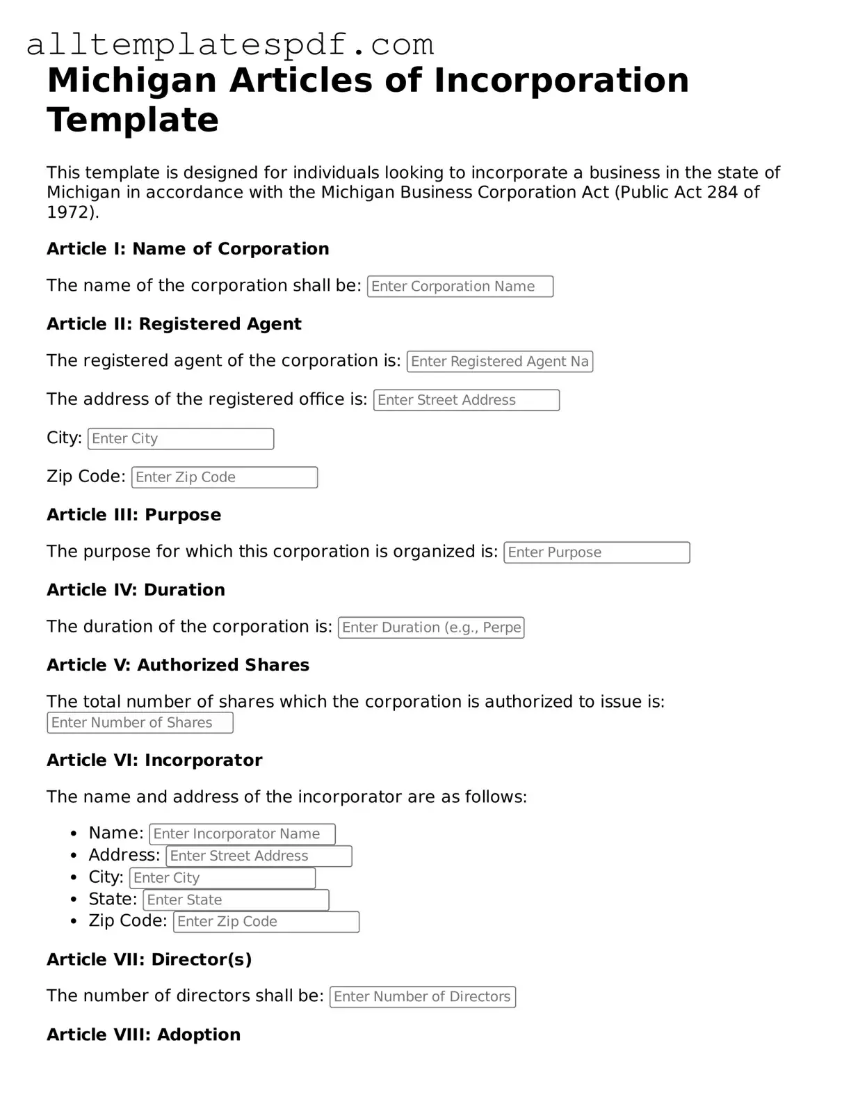 Blank Articles of Incorporation Template for the State of Michigan