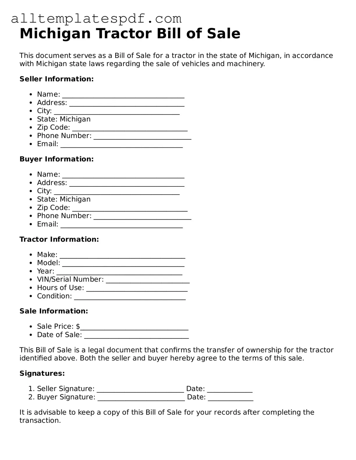 Blank Tractor Bill of Sale Template for the State of Michigan