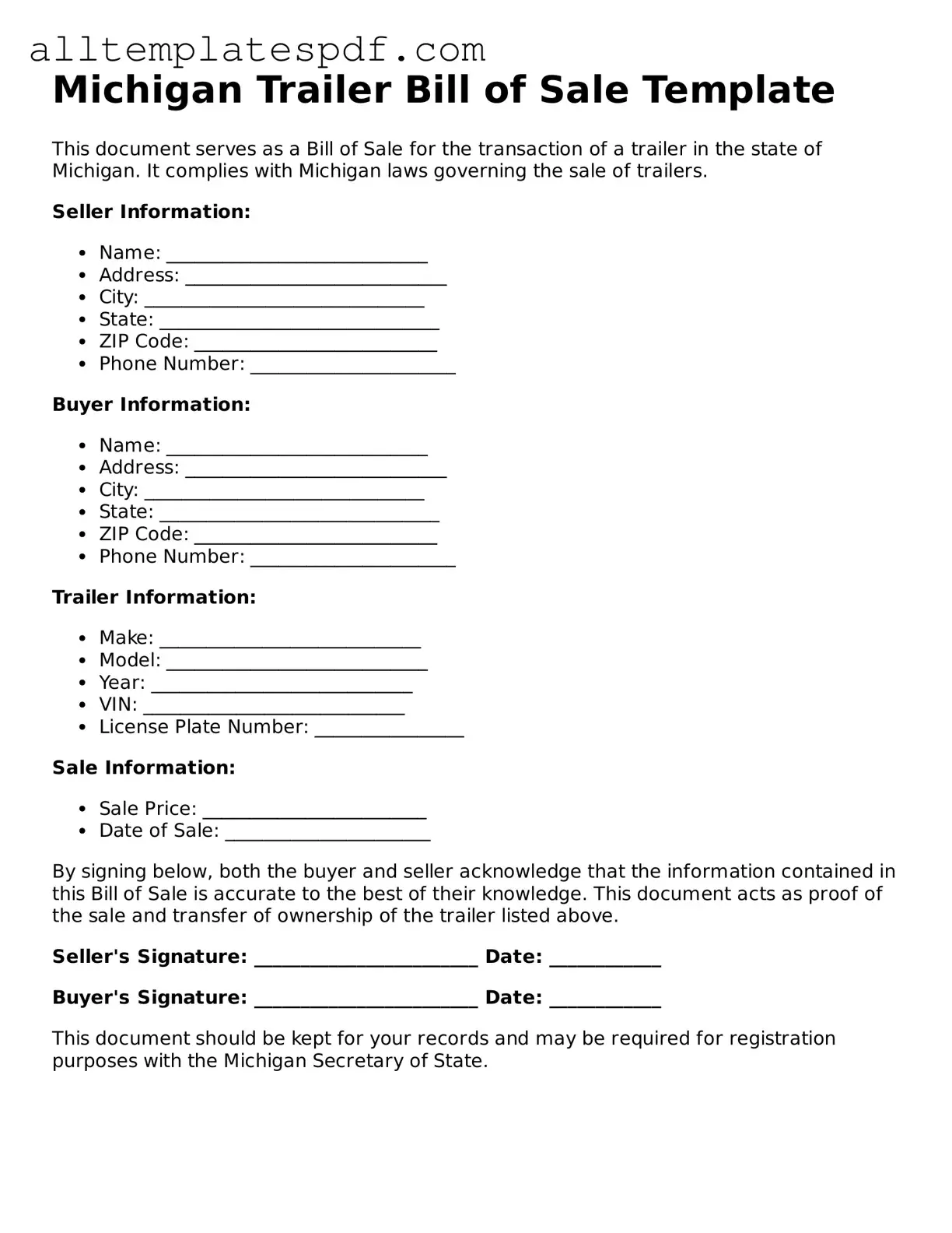 Blank Trailer Bill of Sale Template for the State of Michigan
