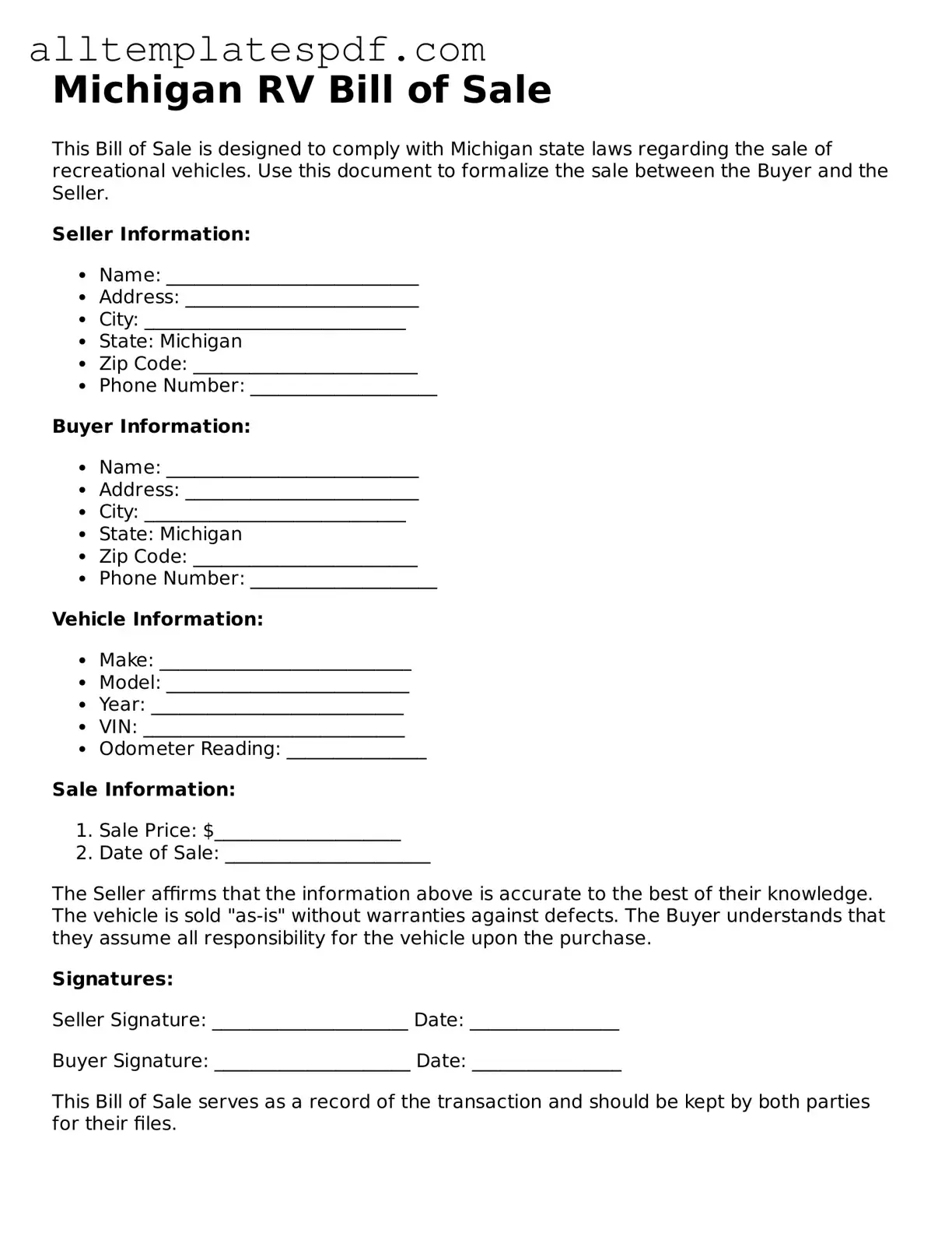 Blank RV Bill of Sale Template for the State of Michigan