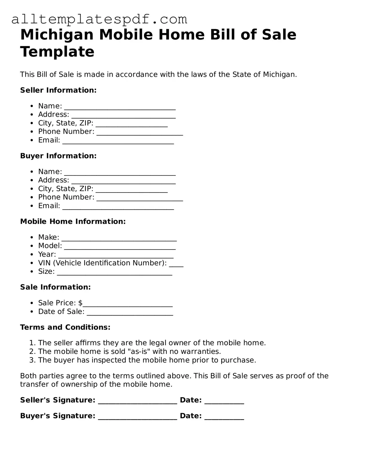 Blank Mobile Home Bill of Sale Template for the State of Michigan
