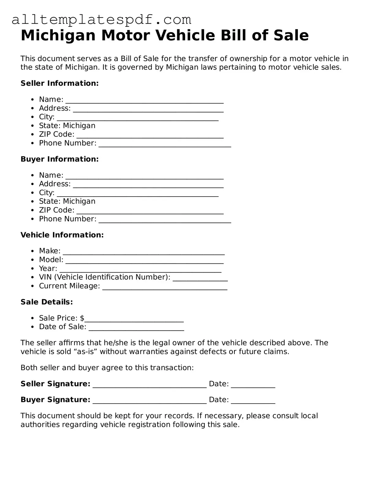 Blank Motor Vehicle Bill of Sale Template for the State of Michigan