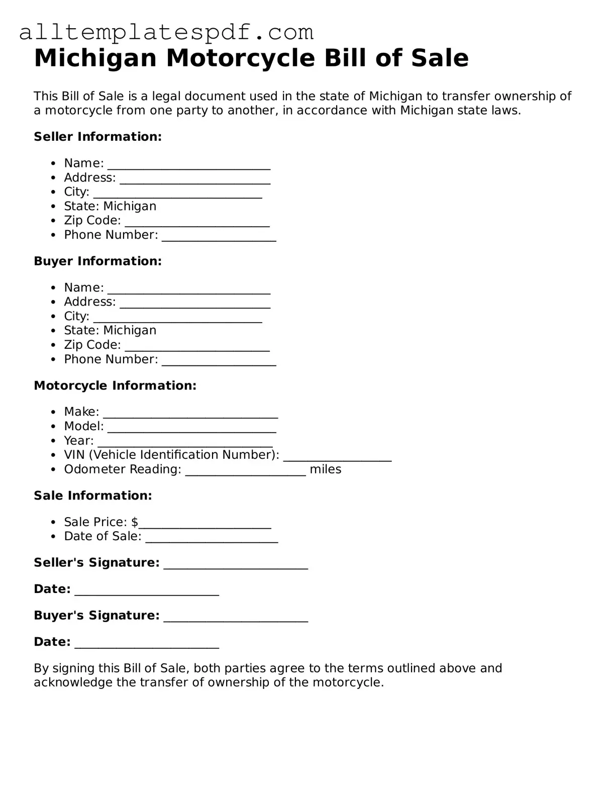 Blank Motorcycle Bill of Sale Template for the State of Michigan