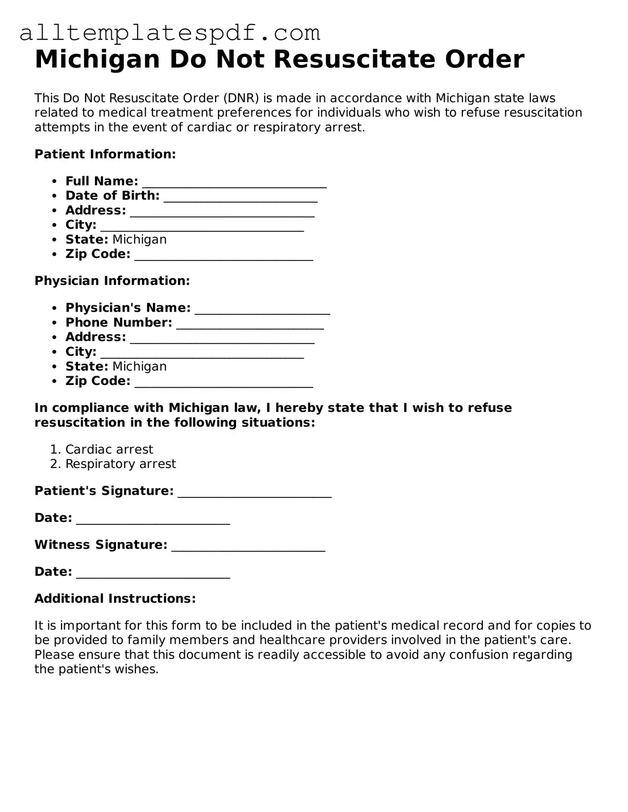Blank Do Not Resuscitate Order Template for the State of Michigan