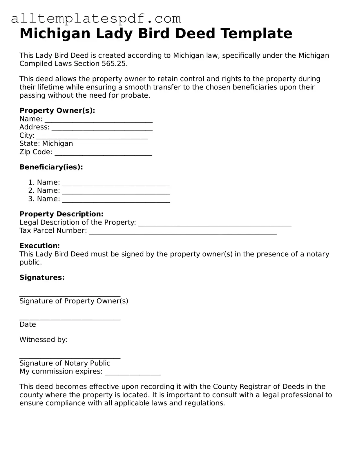 Blank Lady Bird Deed Template for the State of Michigan