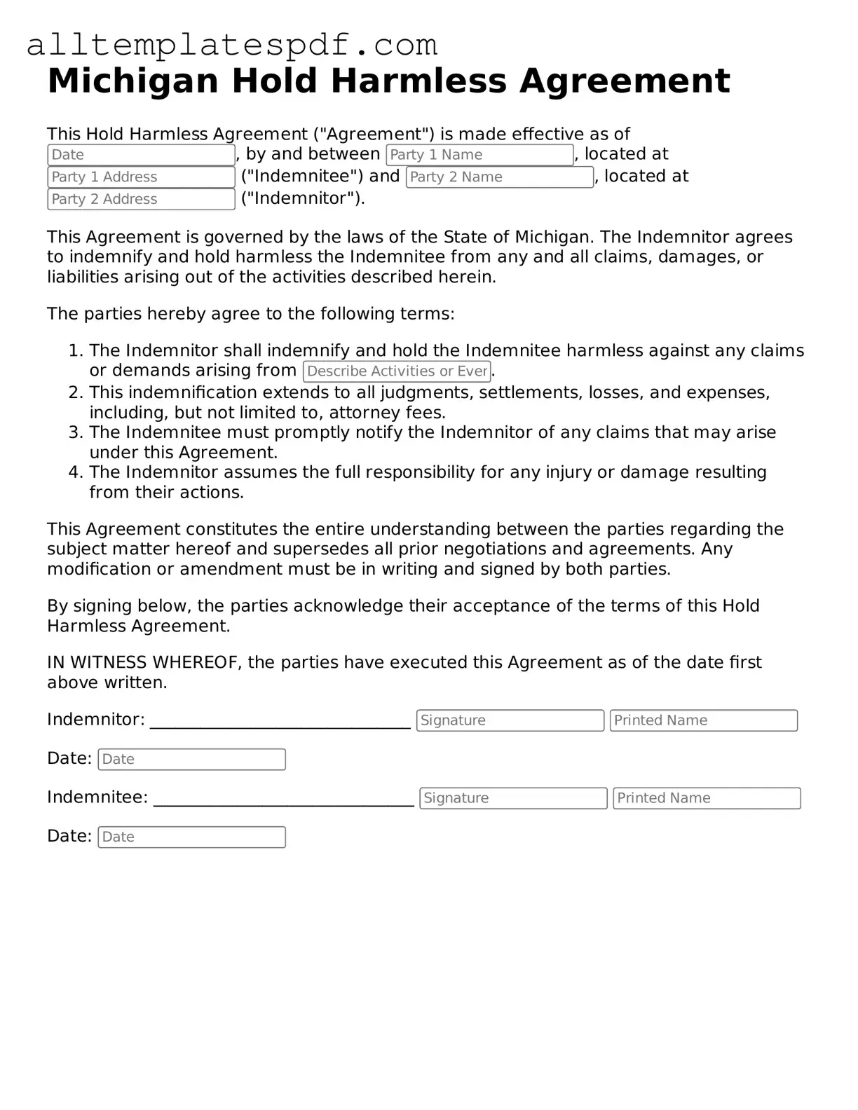 Blank Hold Harmless Agreement Template for the State of Michigan