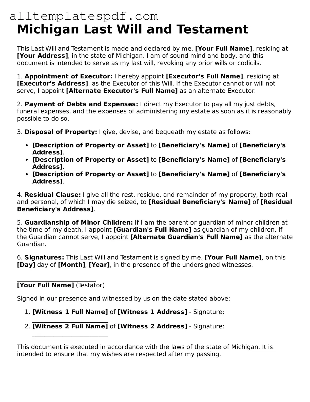 Blank Last Will and Testament Template for the State of Michigan