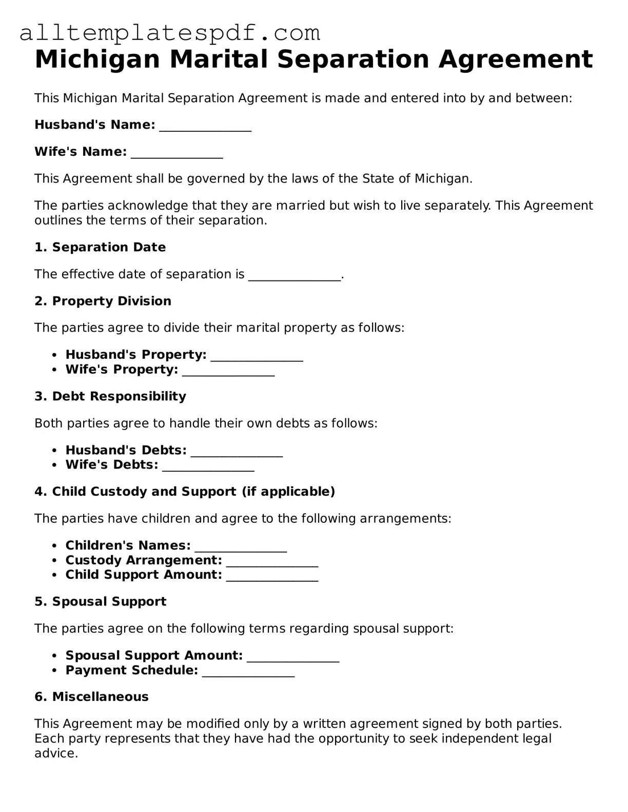 Blank Marital Separation Agreement Template for the State of Michigan
