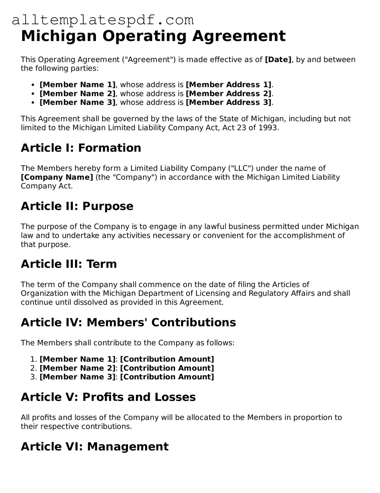 Blank Operating Agreement Template for the State of Michigan