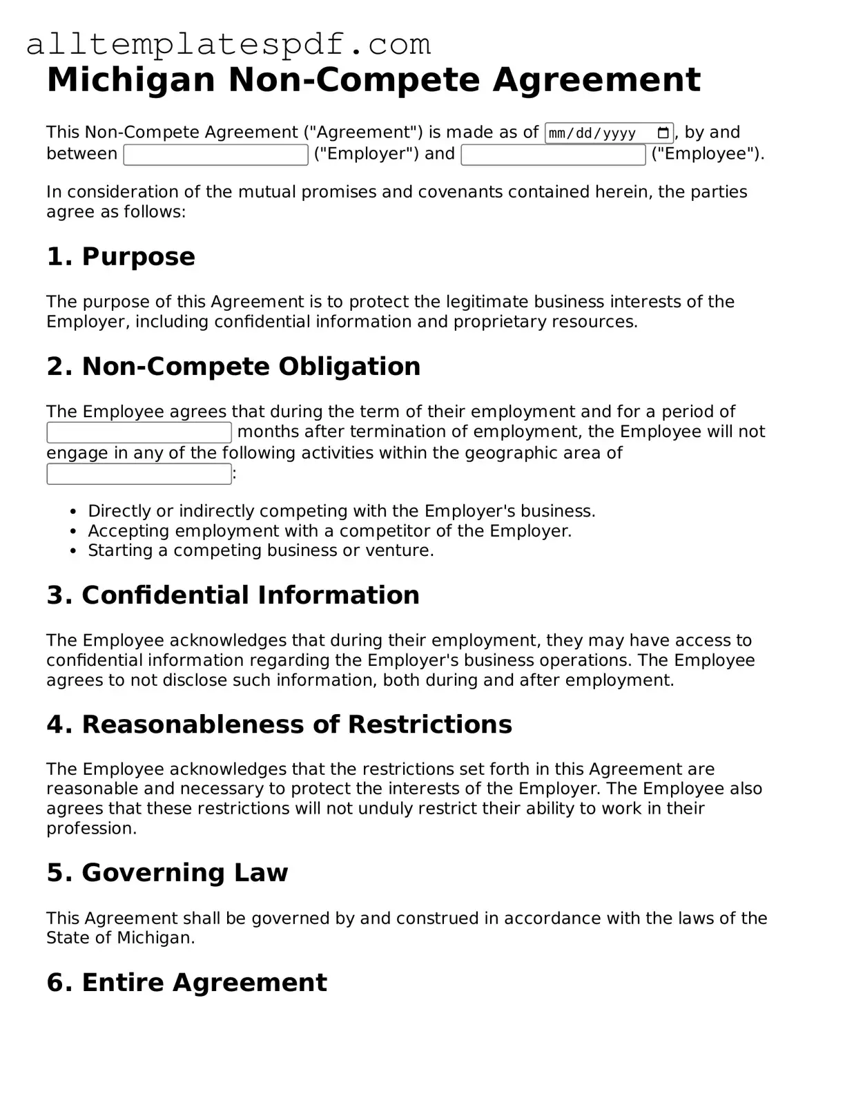 Blank Non-compete Agreement Template for the State of Michigan