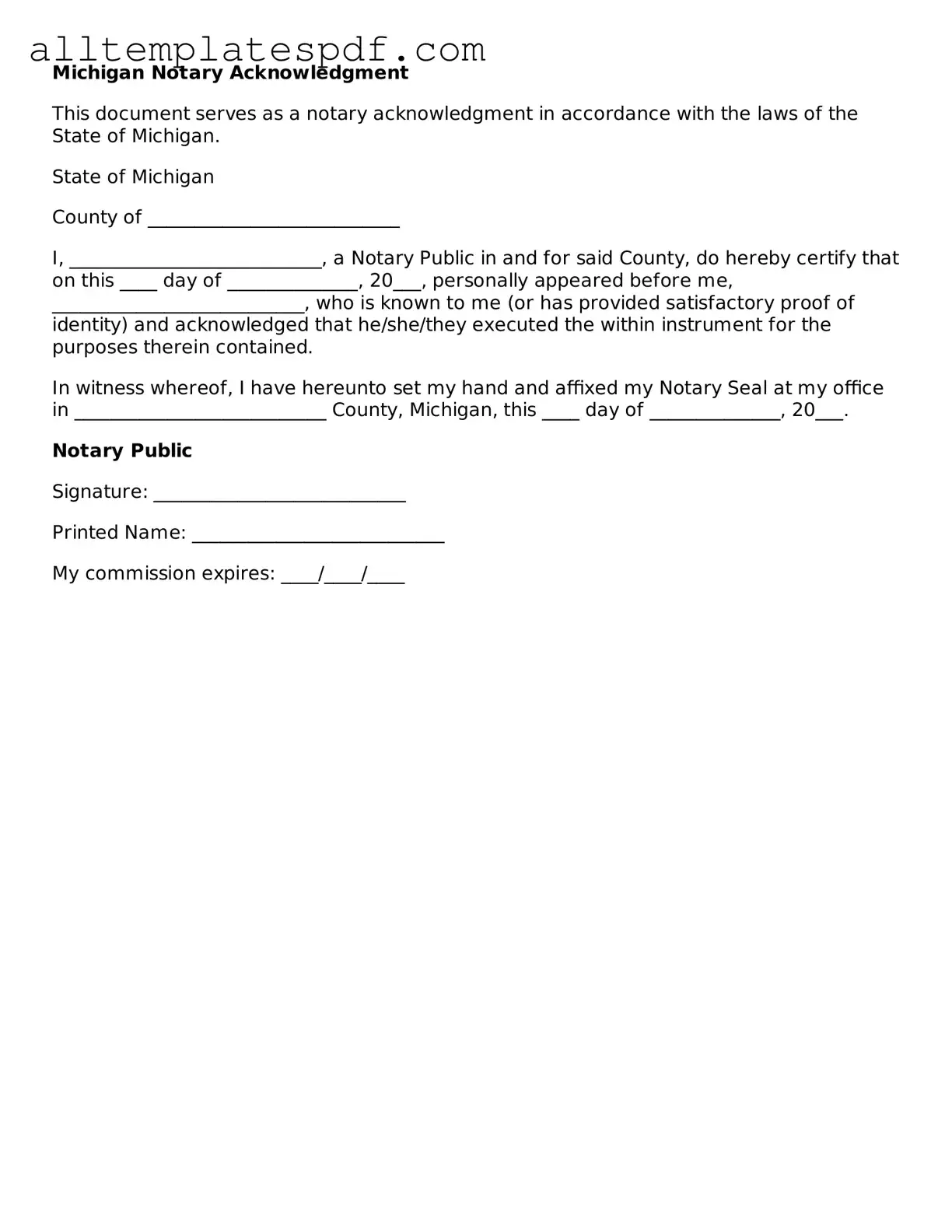 Blank Notary Acknowledgement Template for the State of Michigan