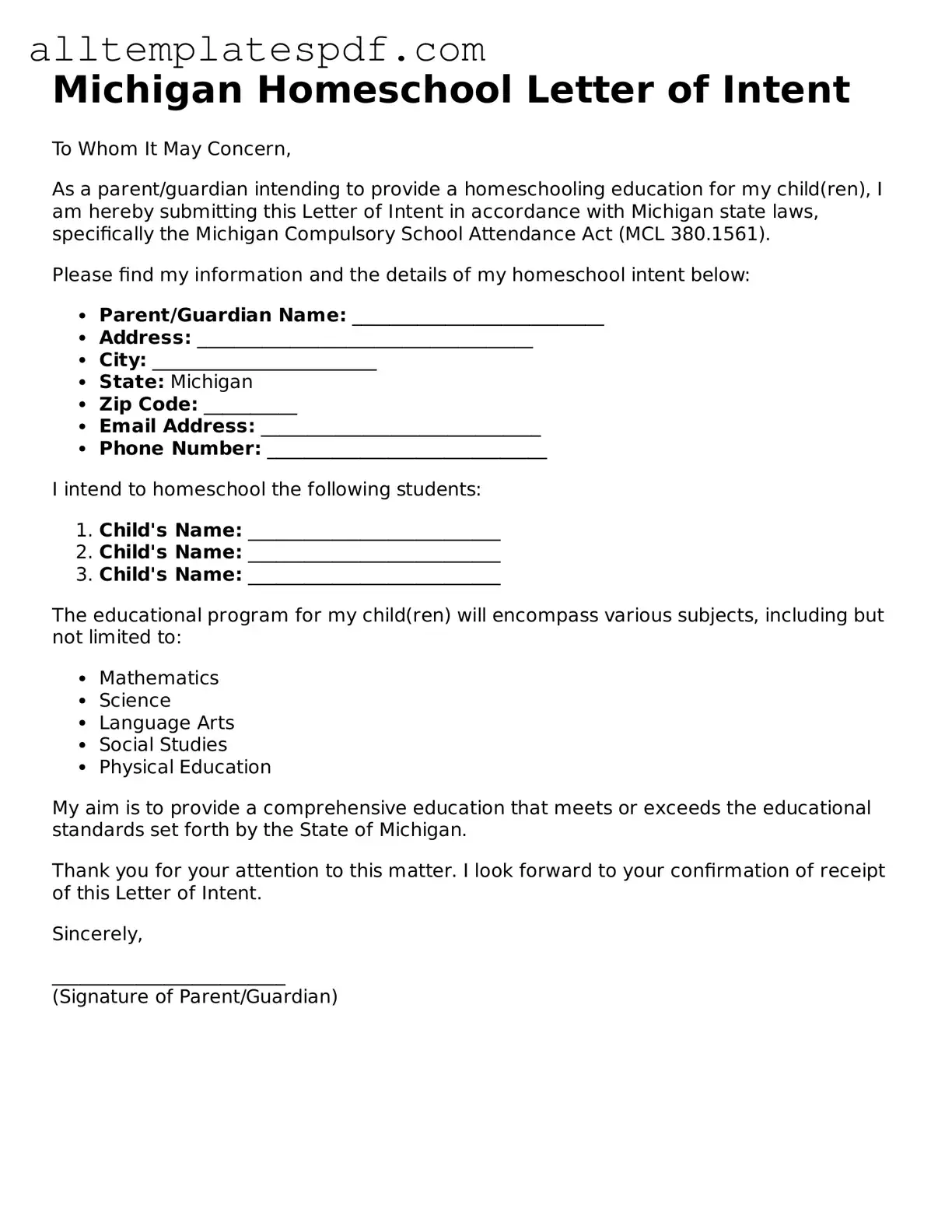 Blank Homeschool Letter of Intent Template for the State of Michigan