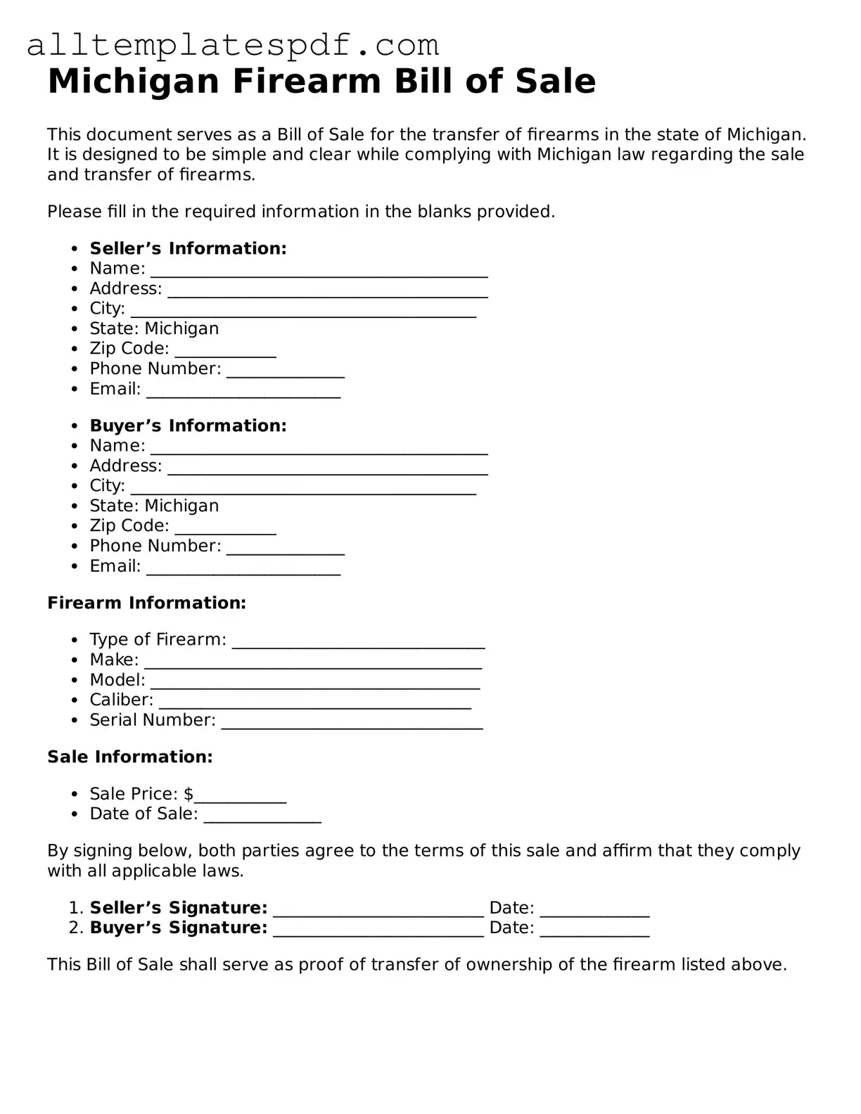 Blank Firearm Bill of Sale Template for the State of Michigan