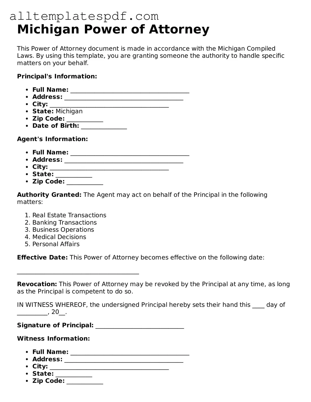 Blank Power of Attorney Template for the State of Michigan