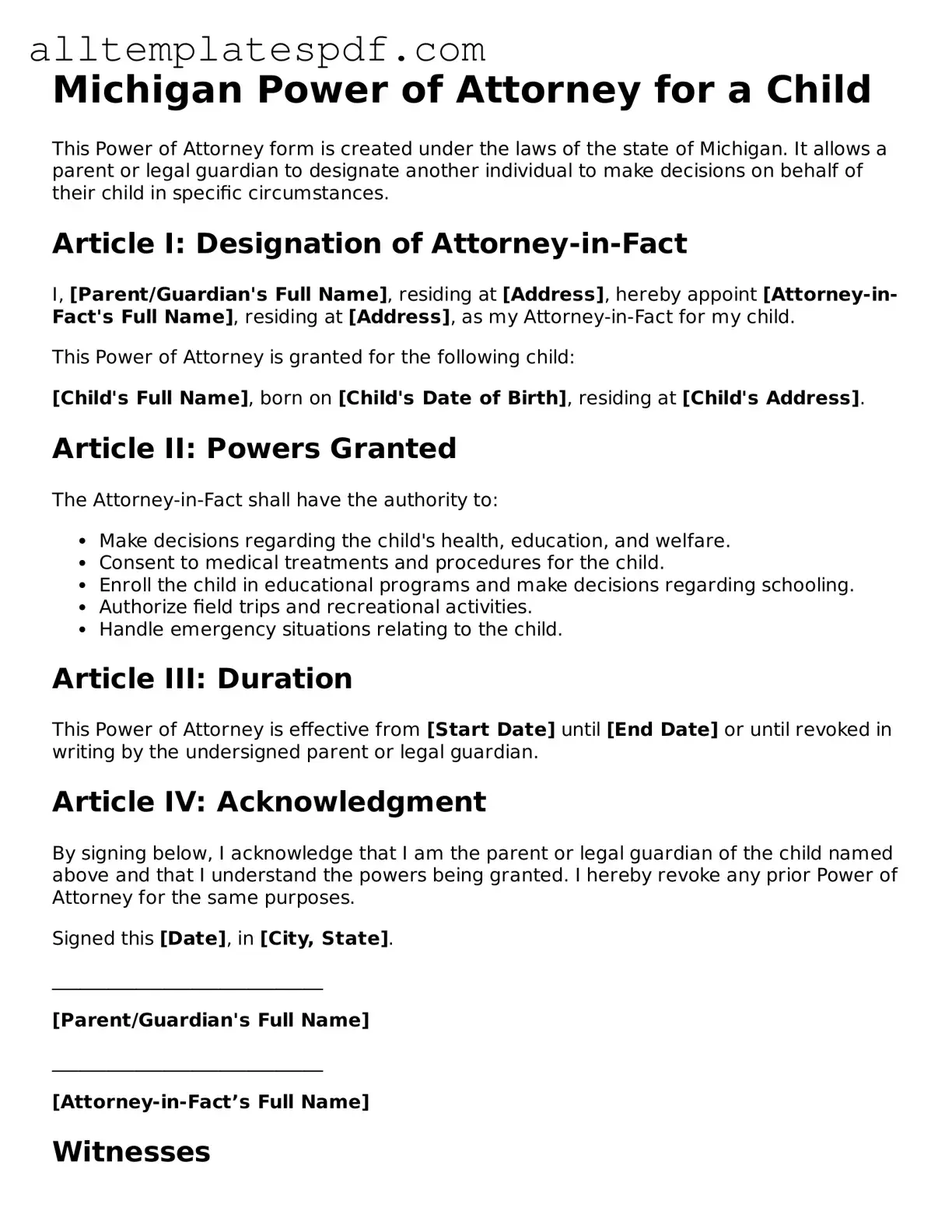 Blank Power of Attorney for a Child Template for the State of Michigan