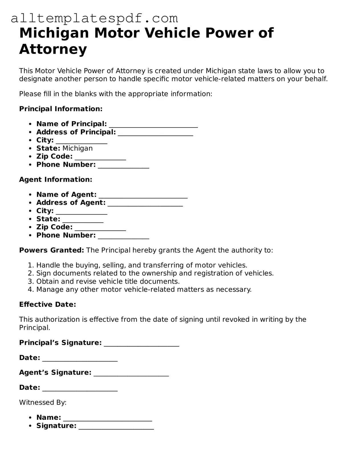 Blank Motor Vehicle Power of Attorney Template for the State of Michigan