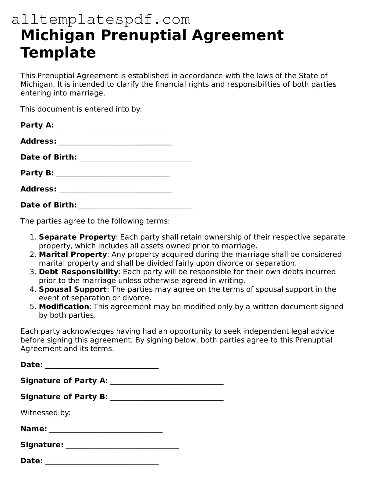 Blank Prenuptial Agreement Template for the State of Michigan