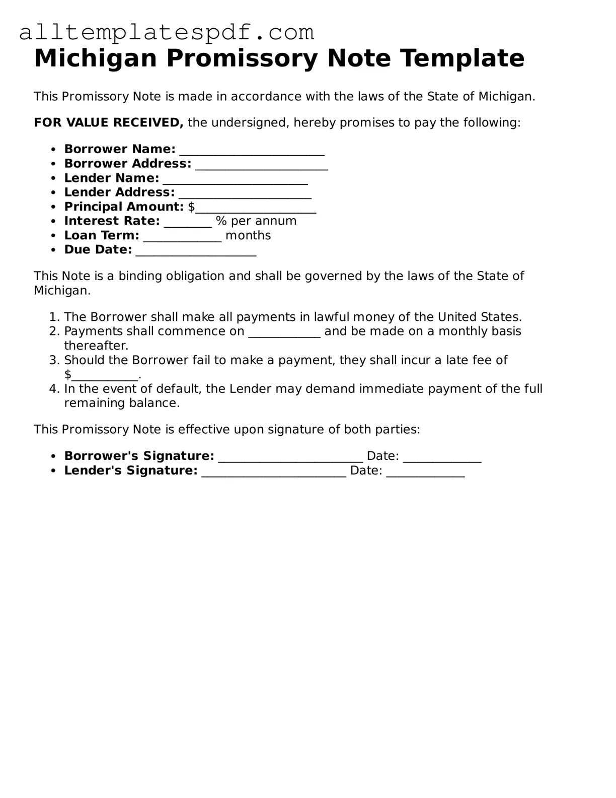 Blank Promissory Note Template for the State of Michigan