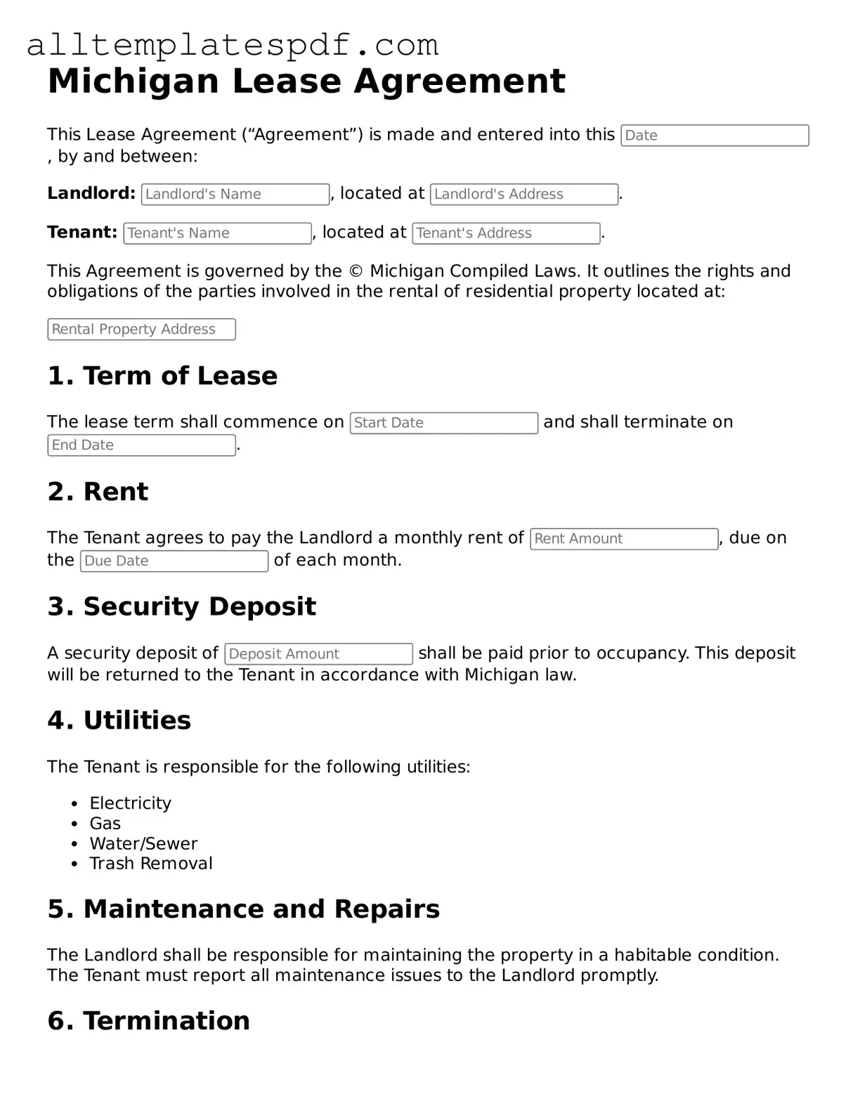 Blank Lease Agreement Template for the State of Michigan