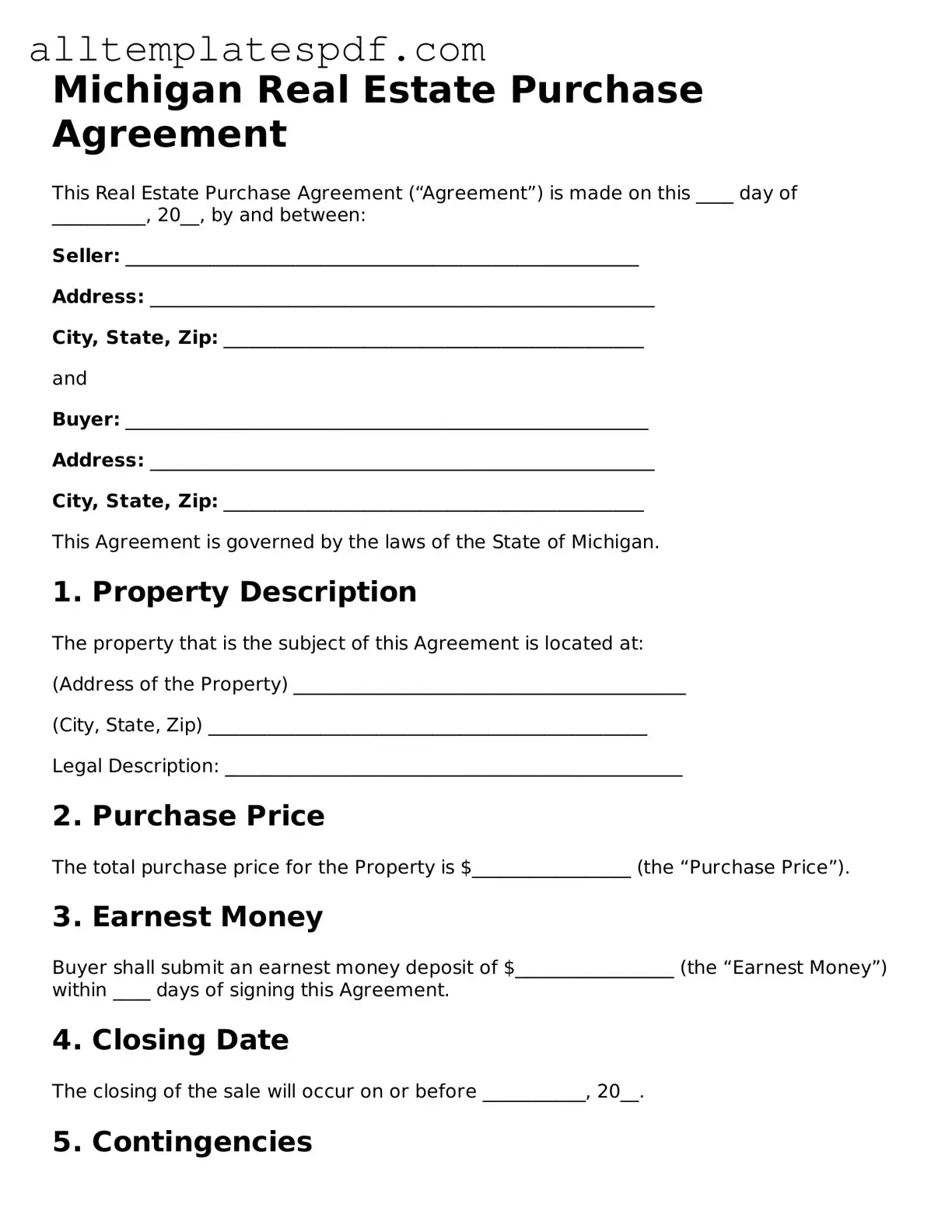 Blank Real Estate Purchase Agreement Template for the State of Michigan