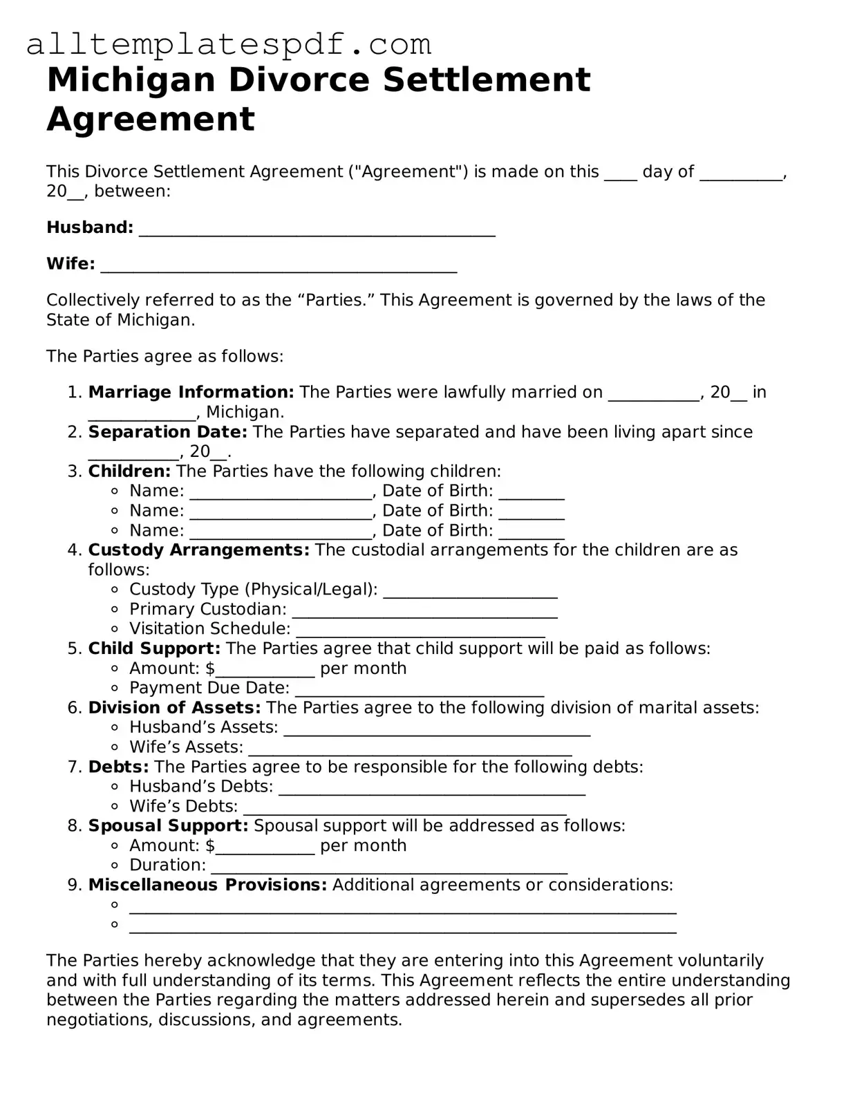 Blank Divorce Settlement Agreement Template for the State of Michigan