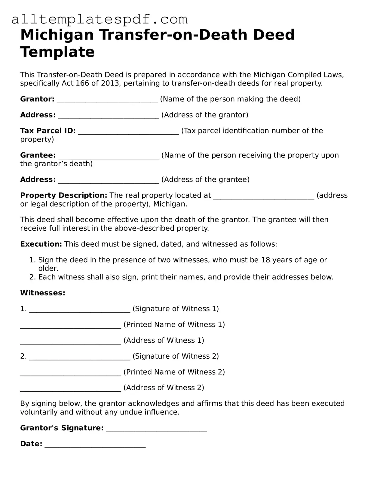 Blank Transfer-on-Death Deed Template for the State of Michigan