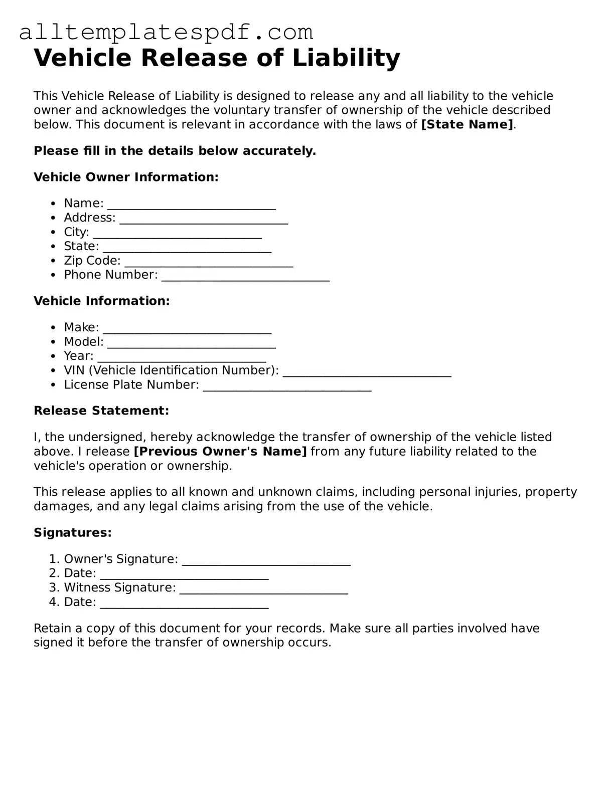 Attorney-Approved Vehicle Release of Liability Template