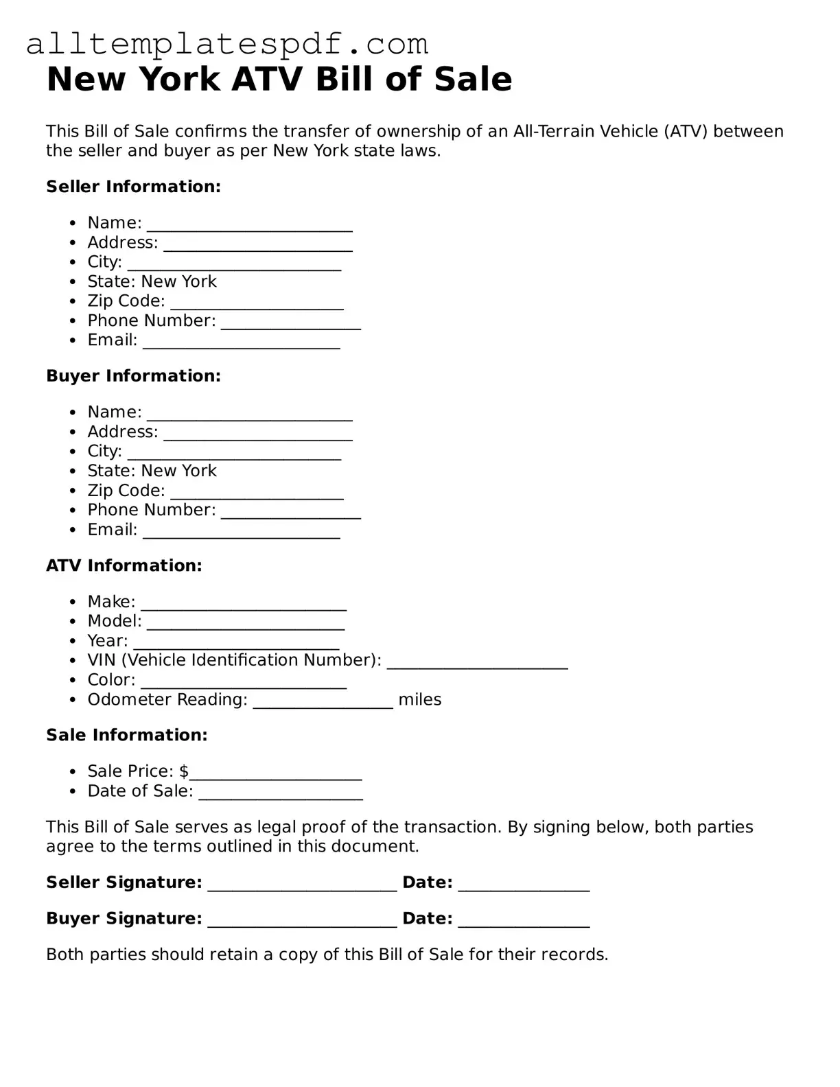 Blank ATV Bill of Sale Template for the State of New York