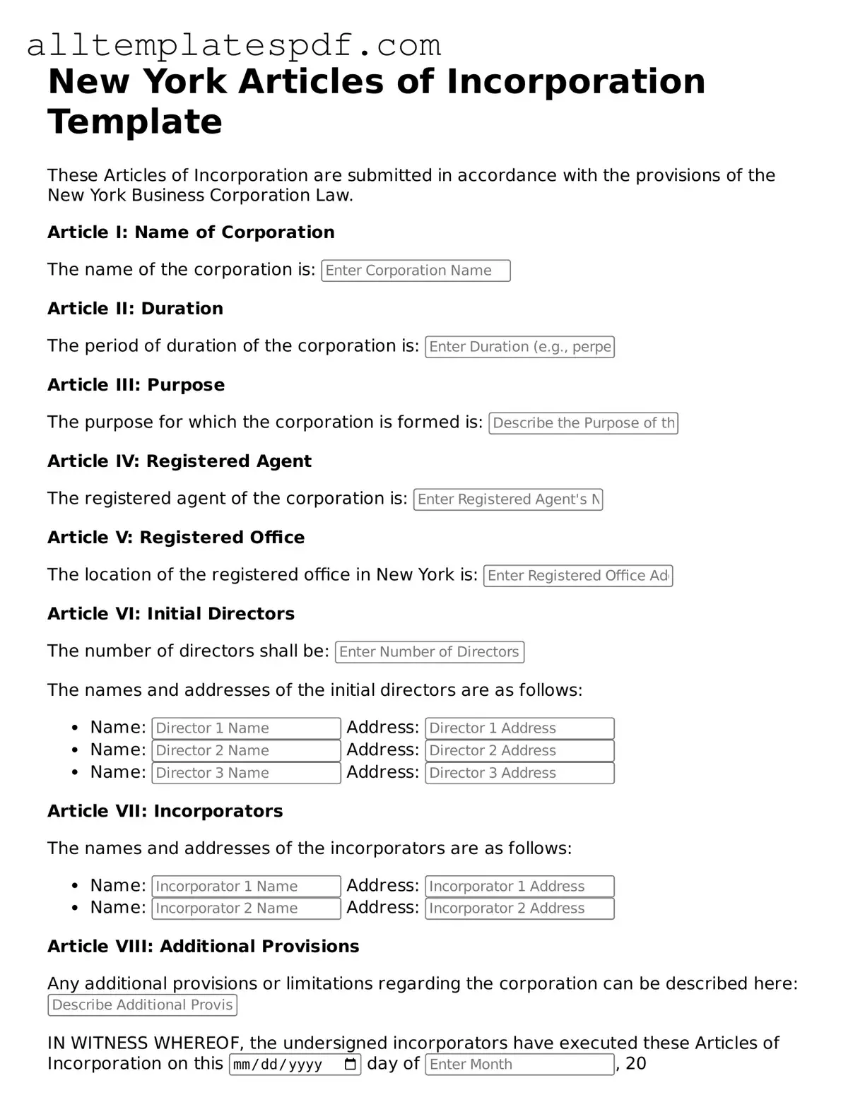 Blank Articles of Incorporation Template for the State of New York