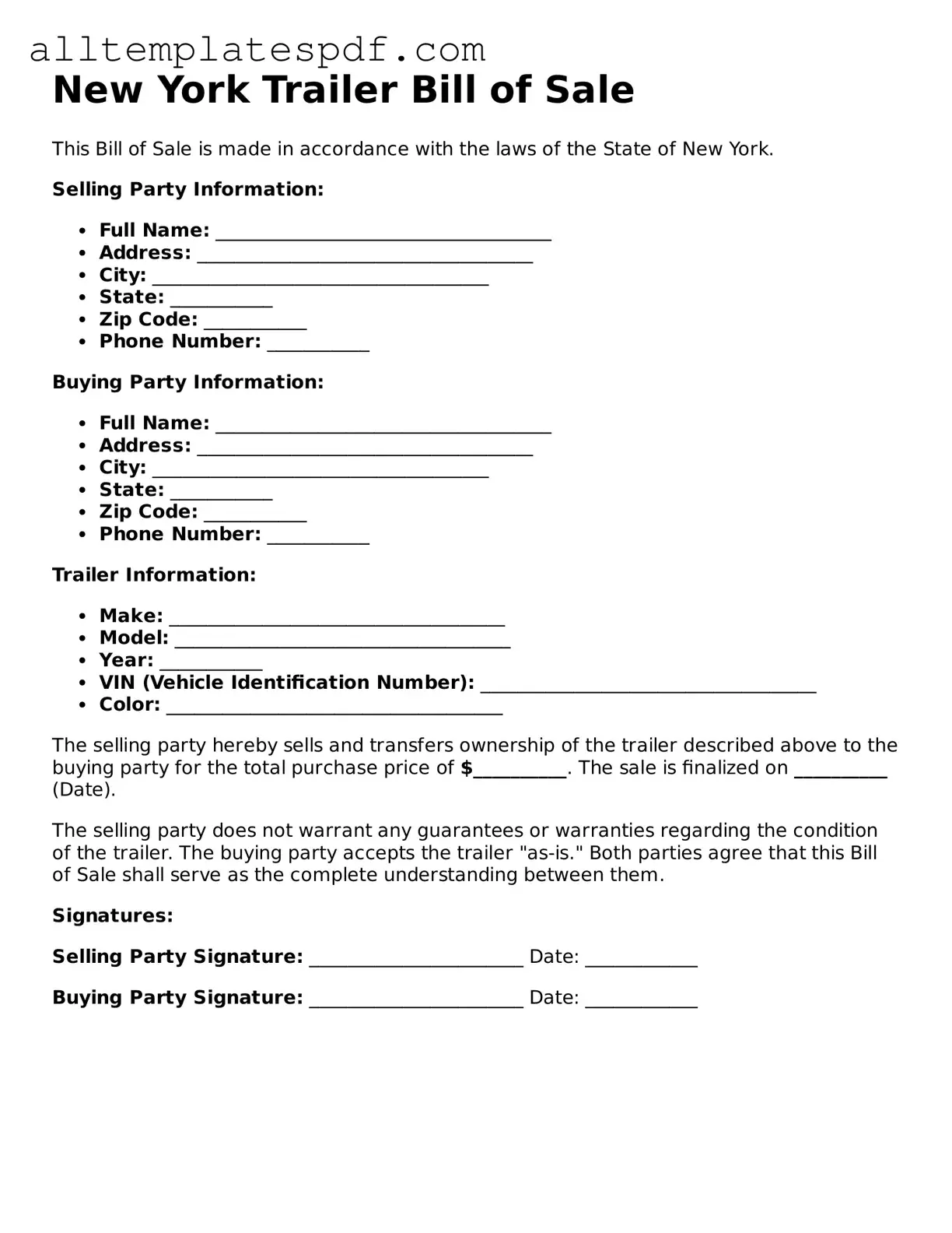 Blank Trailer Bill of Sale Template for the State of New York
