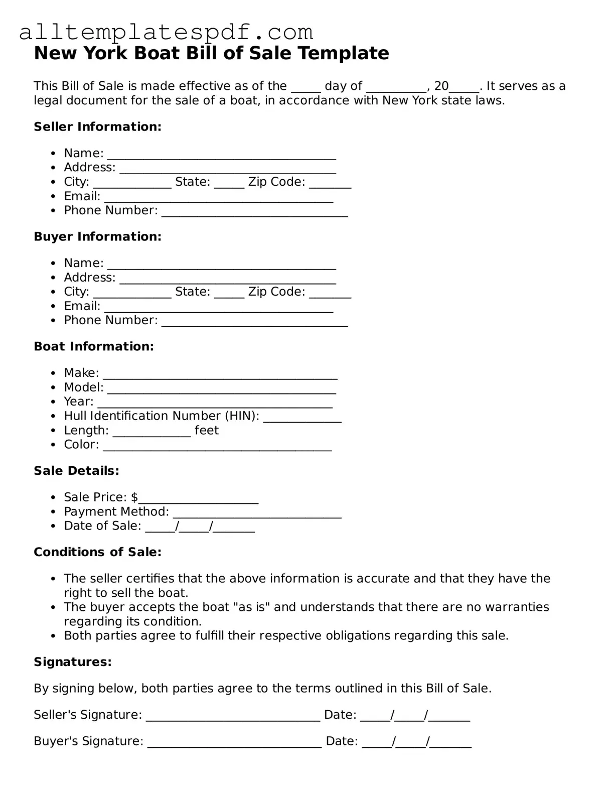 Blank Boat Bill of Sale Template for the State of New York