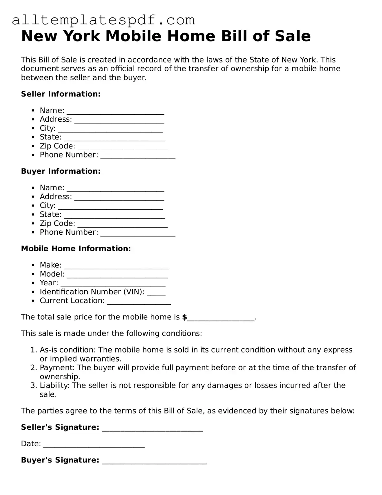 Blank Mobile Home Bill of Sale Template for the State of New York