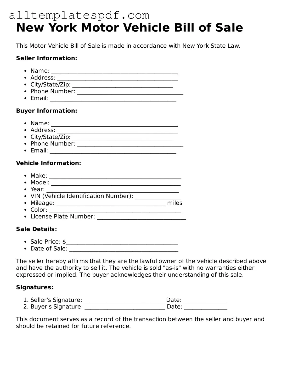 Blank Motor Vehicle Bill of Sale Template for the State of New York