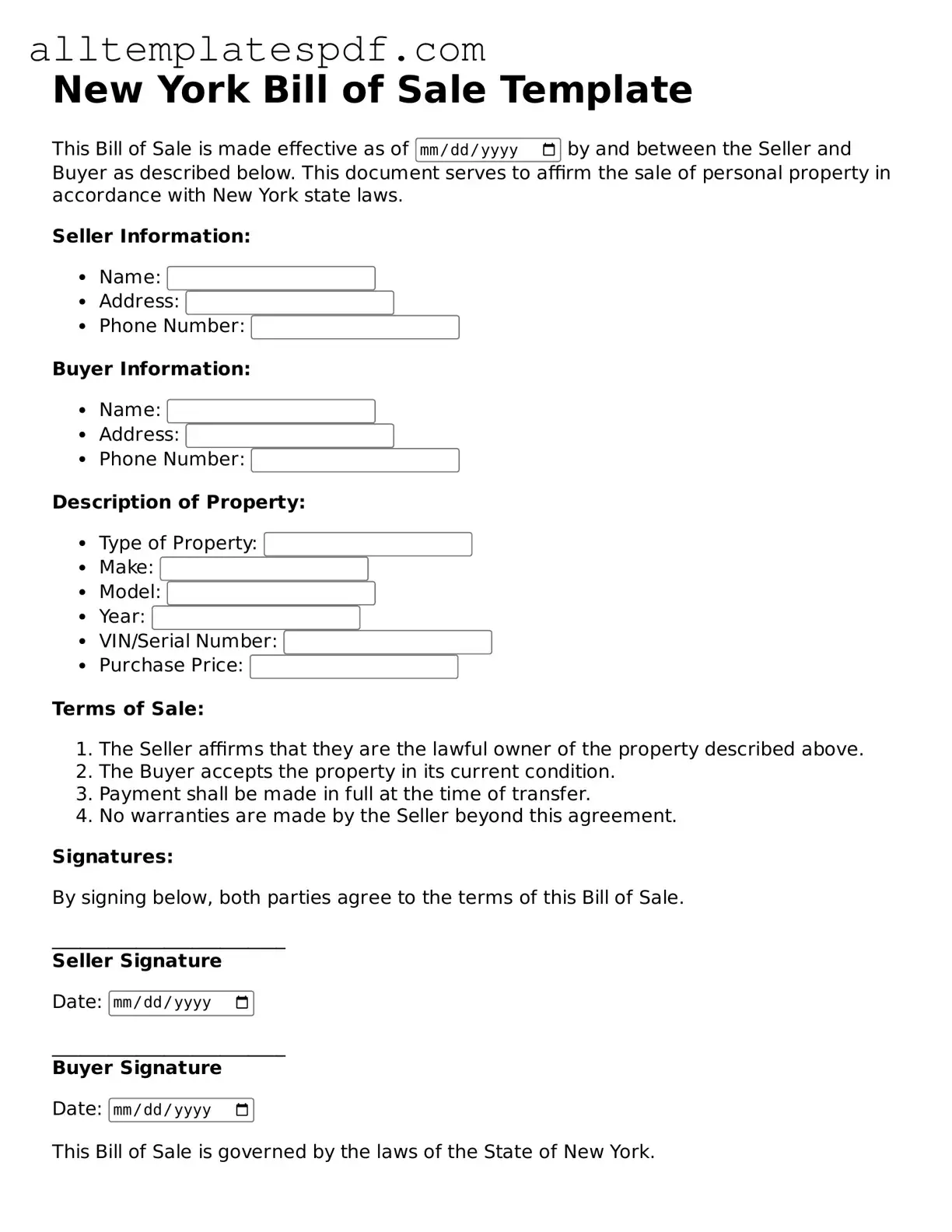 Blank Bill of Sale Template for the State of New York