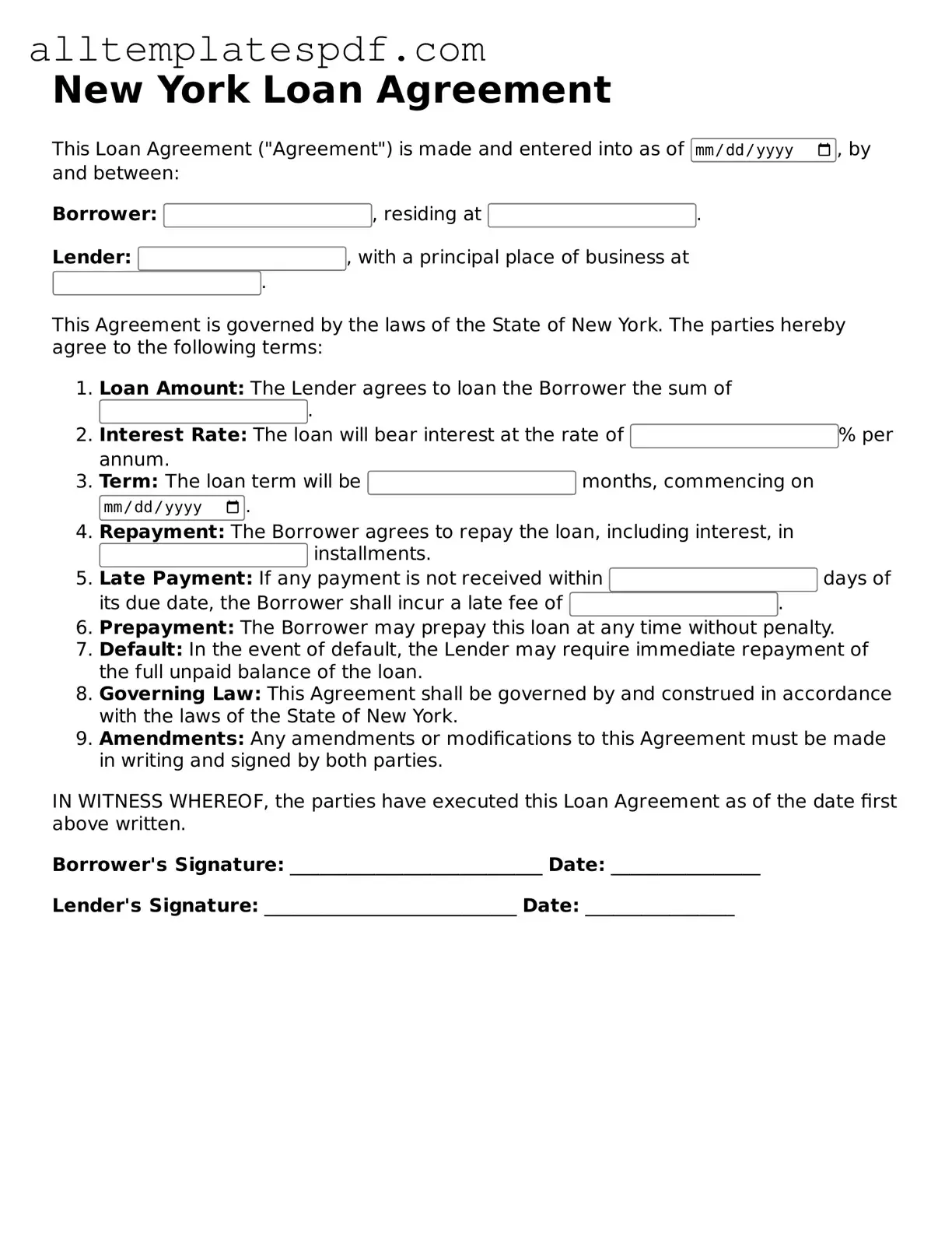Blank Loan Agreement Template for the State of New York