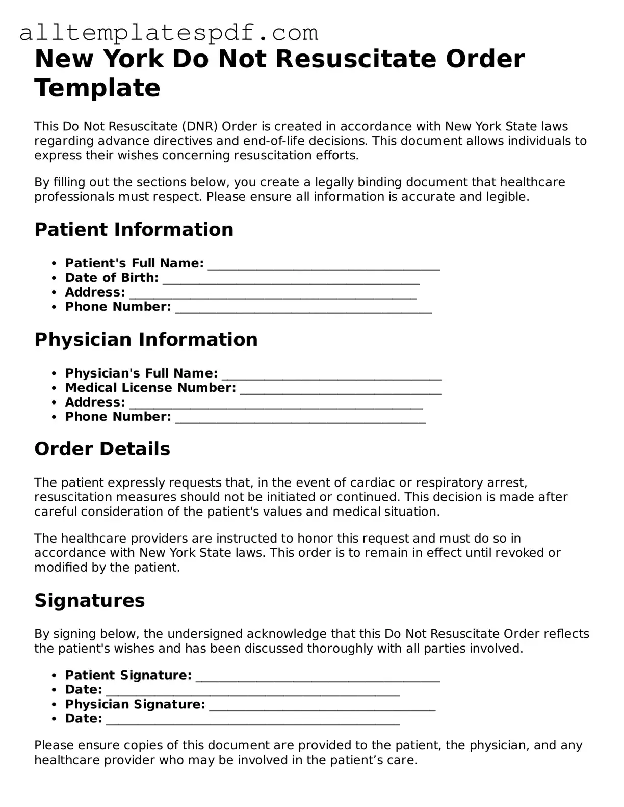 Blank Do Not Resuscitate Order Template for the State of New York