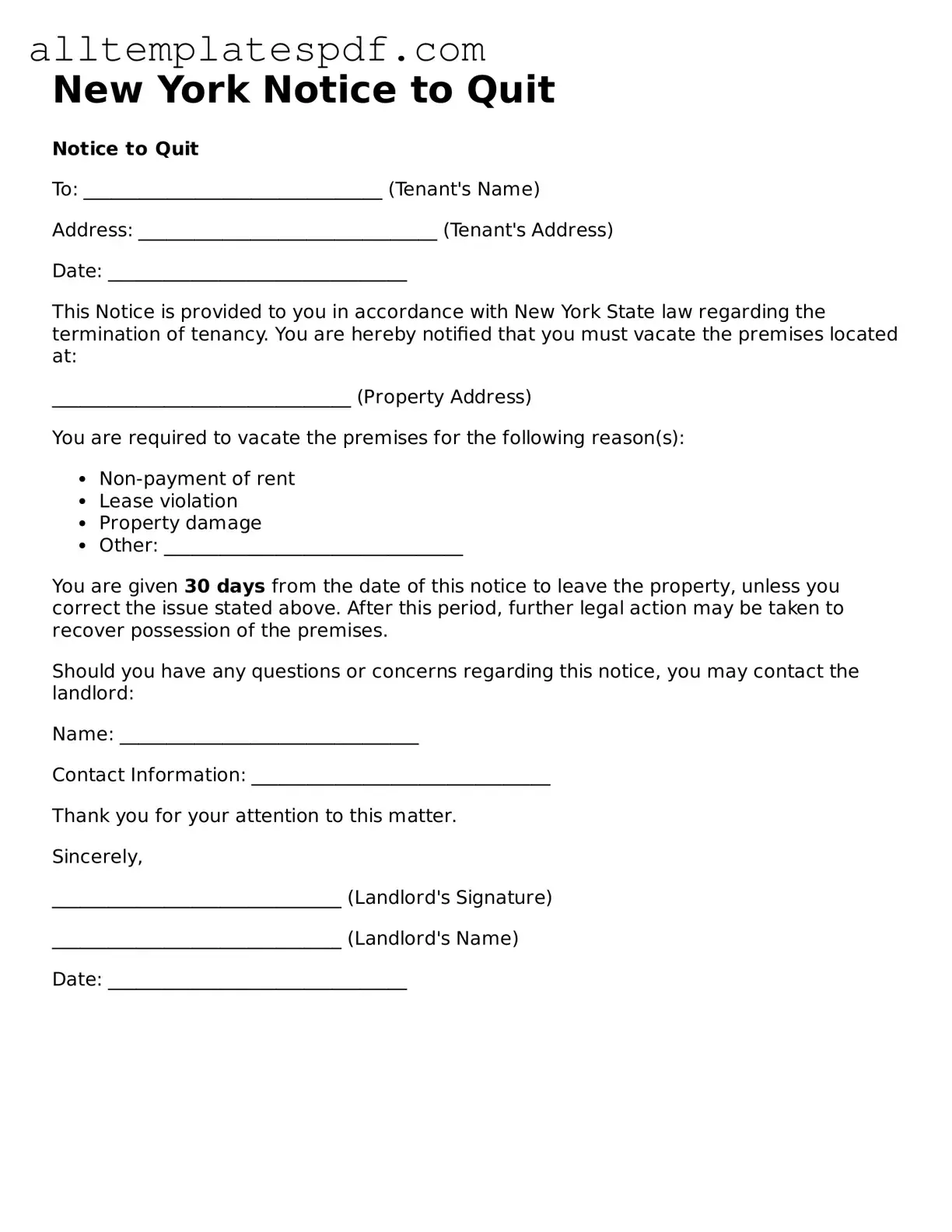 Blank Notice to Quit Template for the State of New York