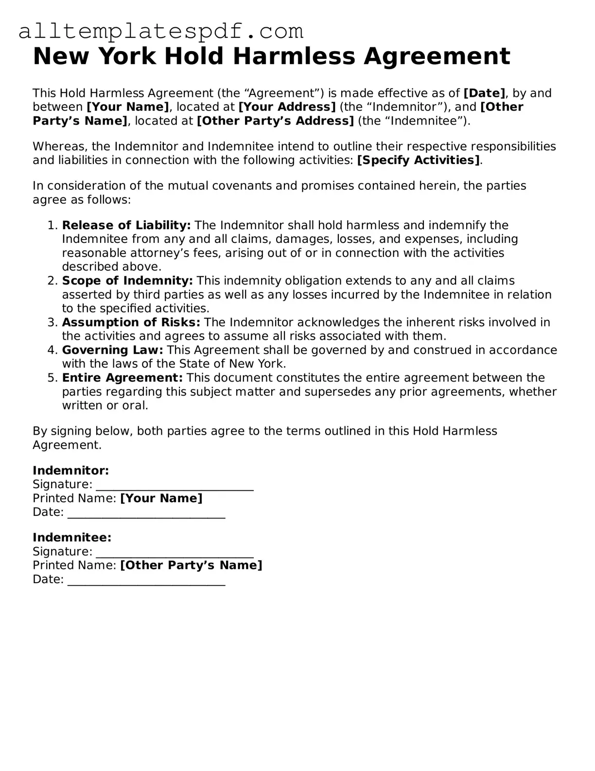 Blank Hold Harmless Agreement Template for the State of New York
