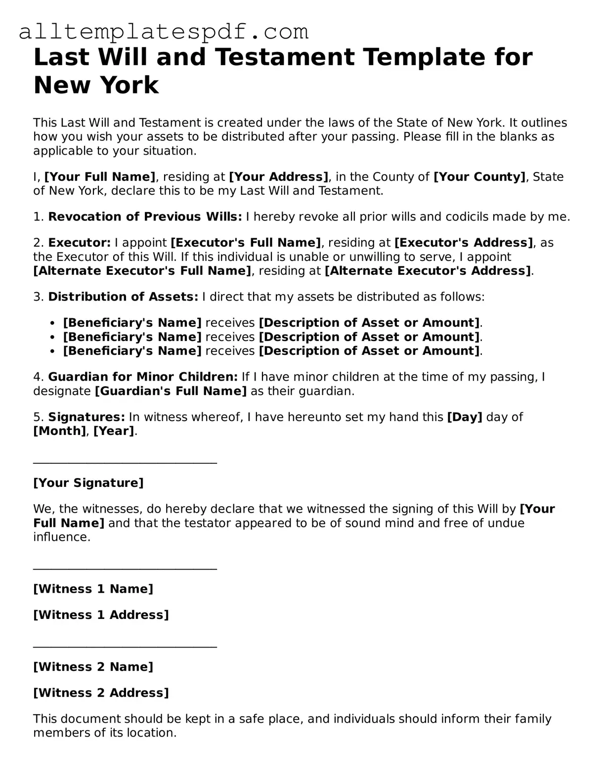 Blank Last Will and Testament Template for the State of New York