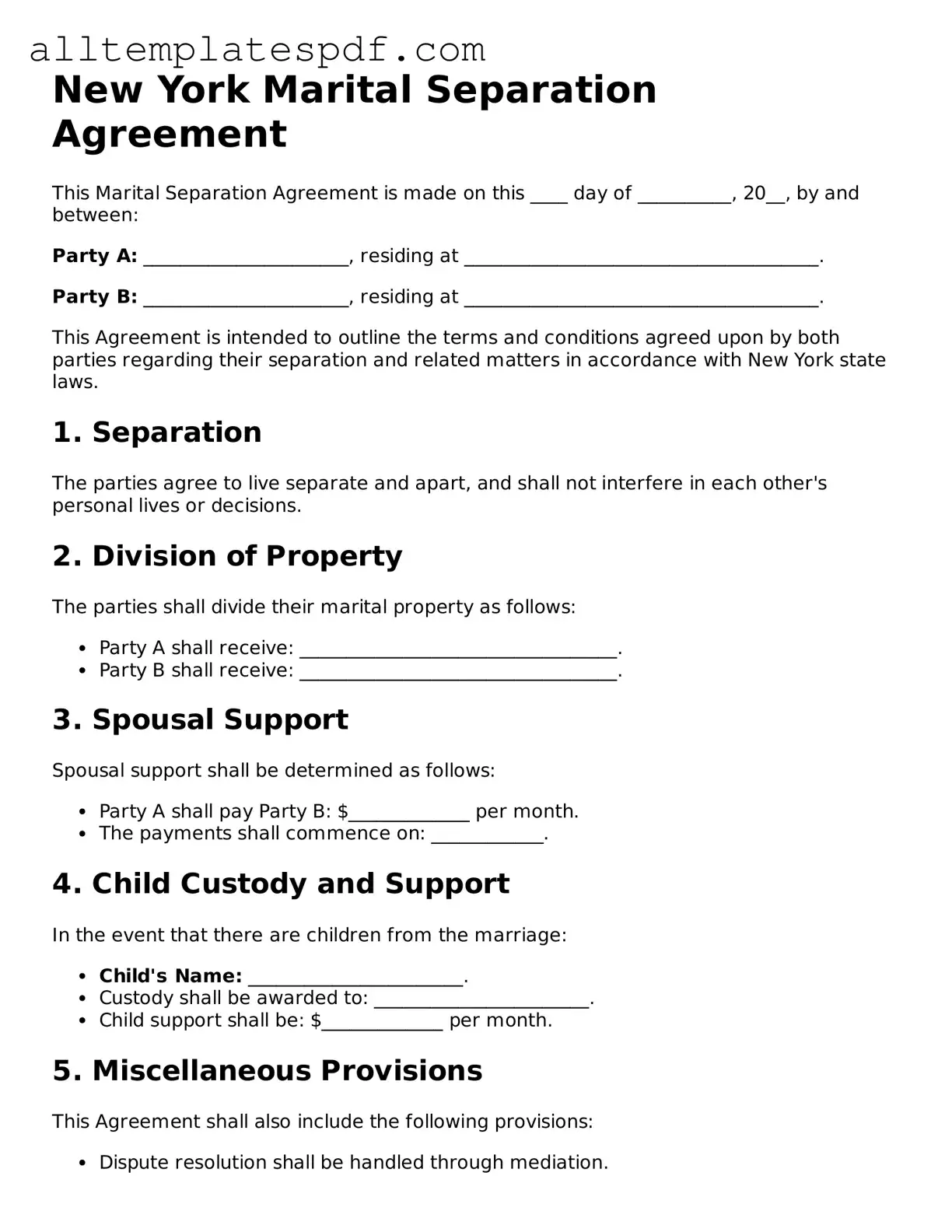 Blank Marital Separation Agreement Template for the State of New York