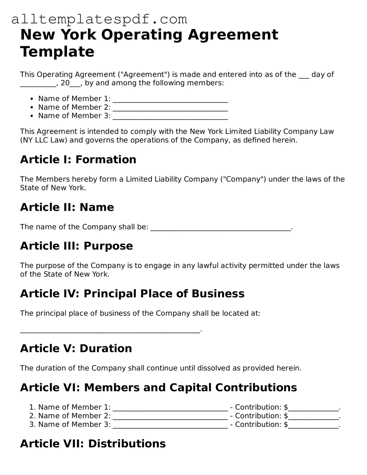 Blank Operating Agreement Template for the State of New York