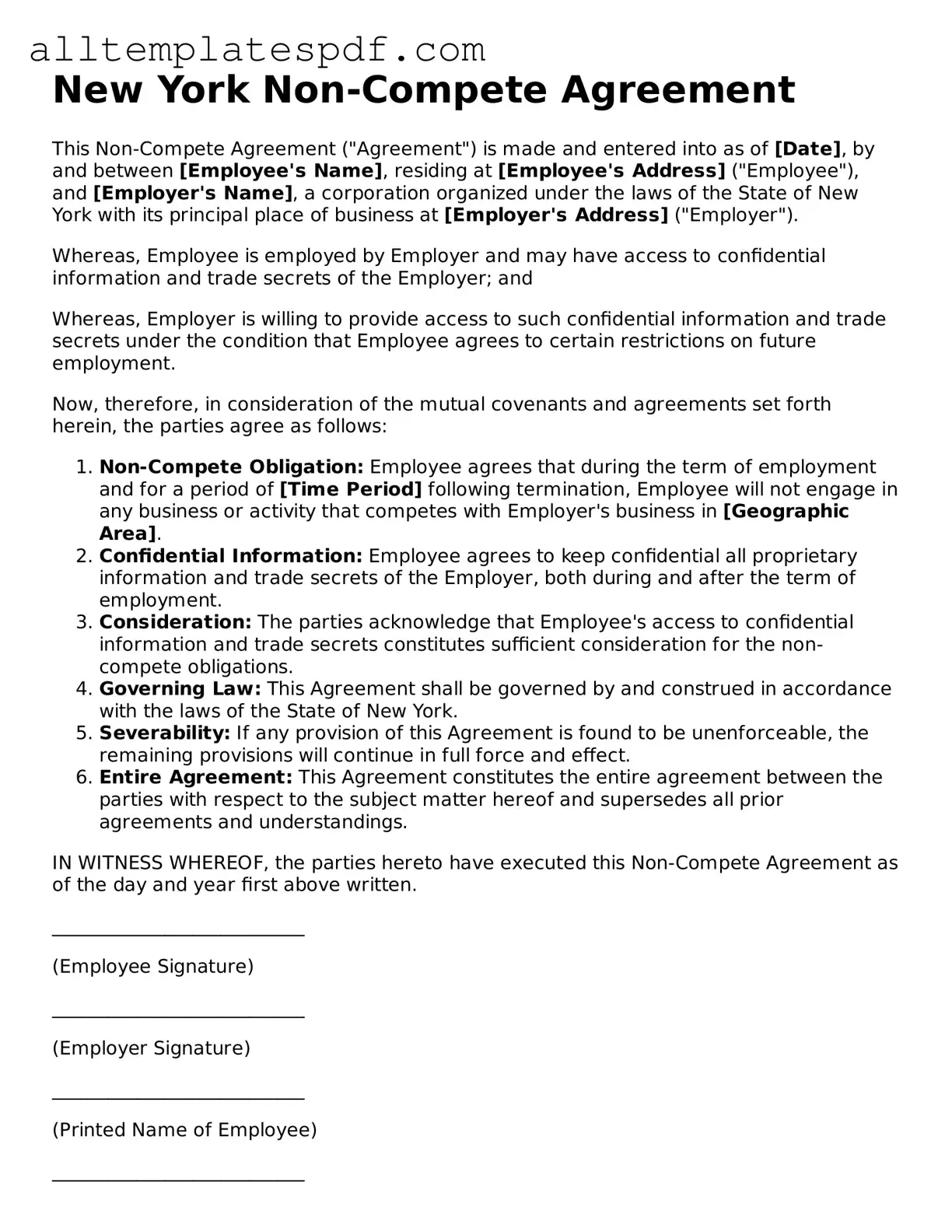 Blank Non-compete Agreement Template for the State of New York