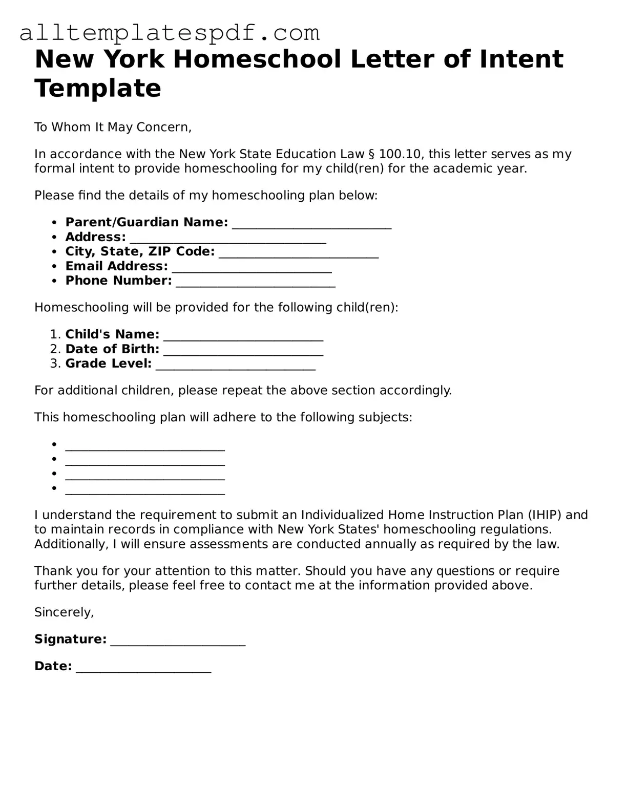 Blank Homeschool Letter of Intent Template for the State of New York