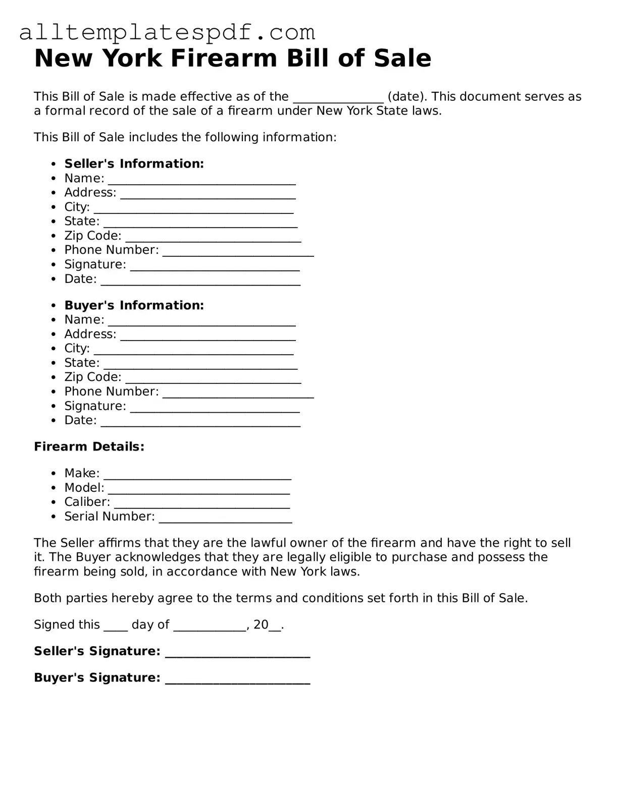 Blank Firearm Bill of Sale Template for the State of New York